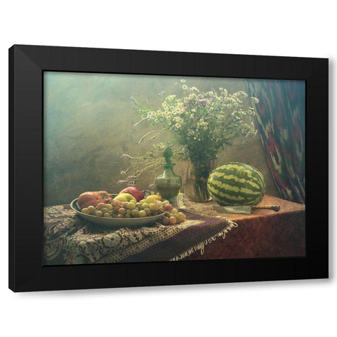 Still Life With Watermelon And Fruit Black Modern Wood Framed Art Print by Ustinagreen