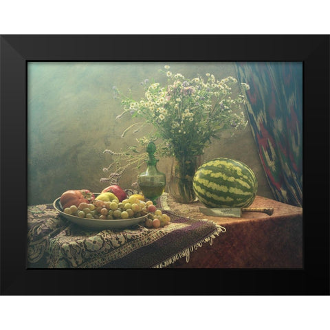 Still Life With Watermelon And Fruit Black Modern Wood Framed Art Print by Ustinagreen