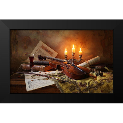Still Life With Violin And Candles Black Modern Wood Framed Art Print by Morozov, Andrey