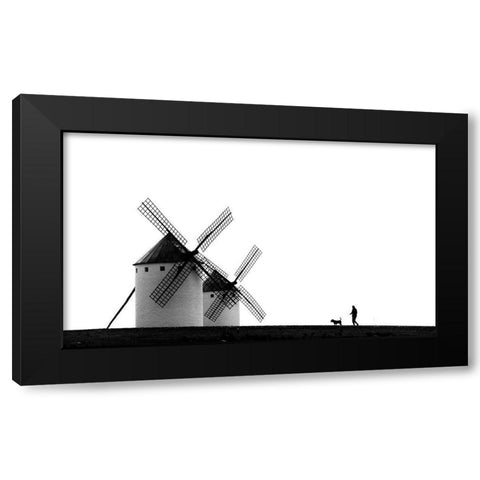 The Man-The Dog And The Windmills Black Modern Wood Framed Art Print by Antonio Pardo, J.