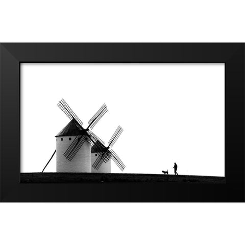 The Man-The Dog And The Windmills Black Modern Wood Framed Art Print by Antonio Pardo, J.