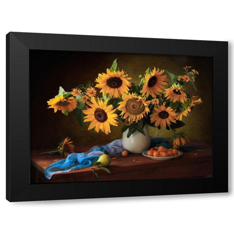 Still Life With Sunflowers And Yellow Plums Black Modern Wood Framed Art Print by Skorokhod, Tatyana