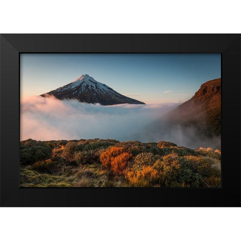 Mt Taranaki Black Modern Wood Framed Art Print by Schaarschmidt, Christoph