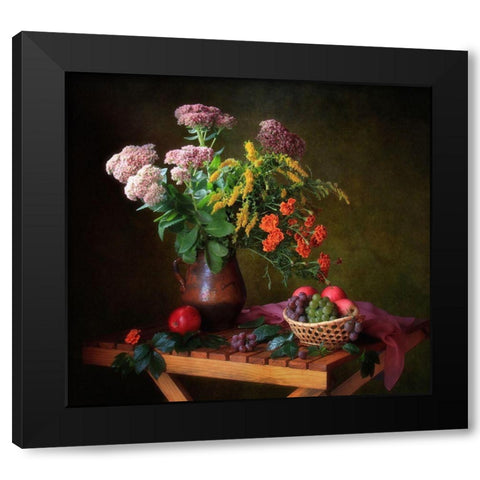 With A Bouquet And Fruits Black Modern Wood Framed Art Print with Double Matting by Skorokhod, Tatyana