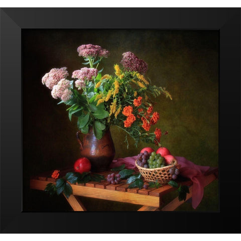 With A Bouquet And Fruits Black Modern Wood Framed Art Print by Skorokhod, Tatyana