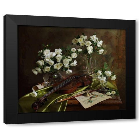 Still Life With Violin And Flowers Black Modern Wood Framed Art Print by Morozov, Andrey