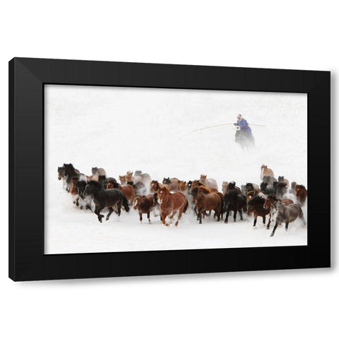 Horse Run In The Snow Black Modern Wood Framed Art Print by Wong, Adam