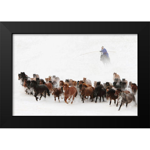 Horse Run In The Snow Black Modern Wood Framed Art Print by Wong, Adam