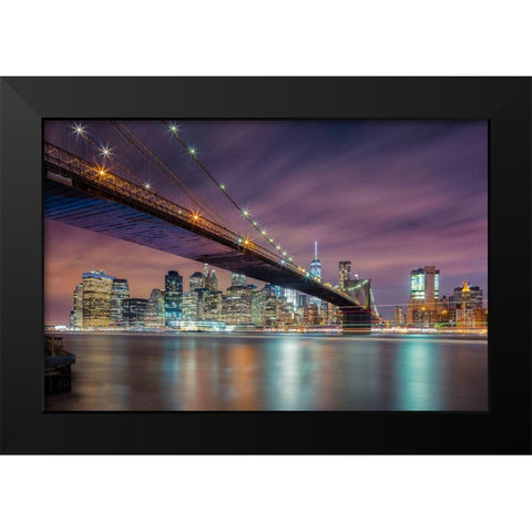 Brooklyn Bridge At Night Black Modern Wood Framed Art Print by Zheng, Michael