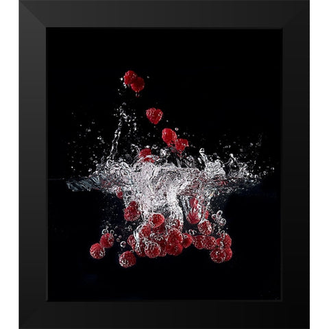 Raspberry Splash Black Modern Wood Framed Art Print by Stefan, Mogyorosi