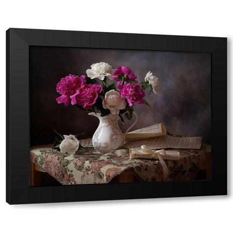Still Life With Peonies Black Modern Wood Framed Art Print by Lankina, Alina