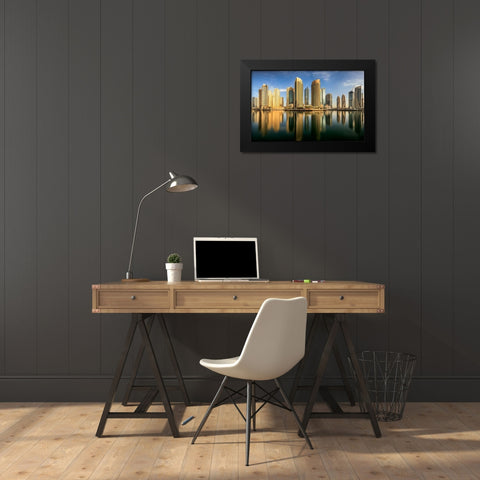 Panoramic Dubai Marina Black Modern Wood Framed Art Print by Shamaa, Mohammed