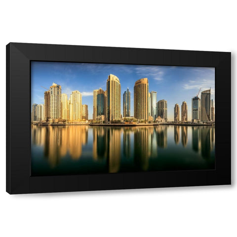 Panoramic Dubai Marina Black Modern Wood Framed Art Print by Shamaa, Mohammed