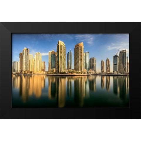 Panoramic Dubai Marina Black Modern Wood Framed Art Print by Shamaa, Mohammed