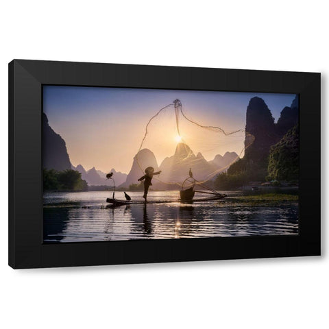 Fishing The Sun Black Modern Wood Framed Art Print by M. Garcia, Jesus