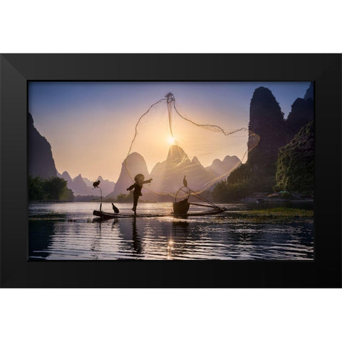 Fishing The Sun Black Modern Wood Framed Art Print by M. Garcia, Jesus