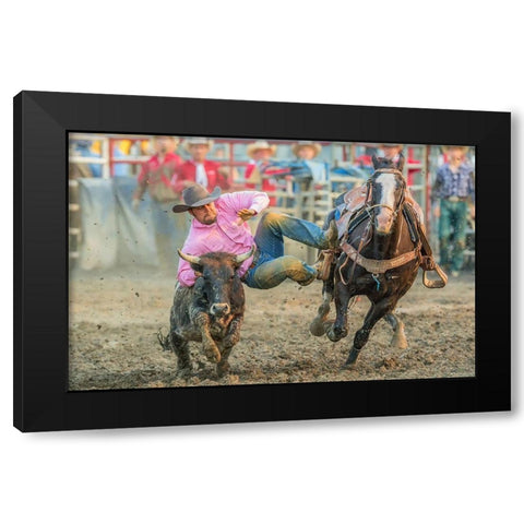 Steer Wrestling Black Modern Wood Framed Art Print by Hua, David