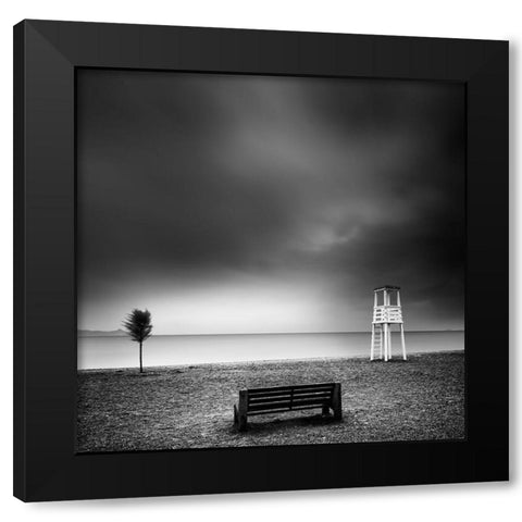 Bench On The Beach Black Modern Wood Framed Art Print by Digalakis, George