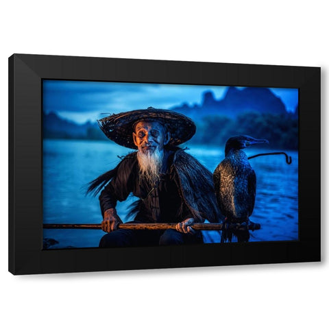 Cormorant Fisherman Black Modern Wood Framed Art Print with Double Matting by Whanset, Chanwit