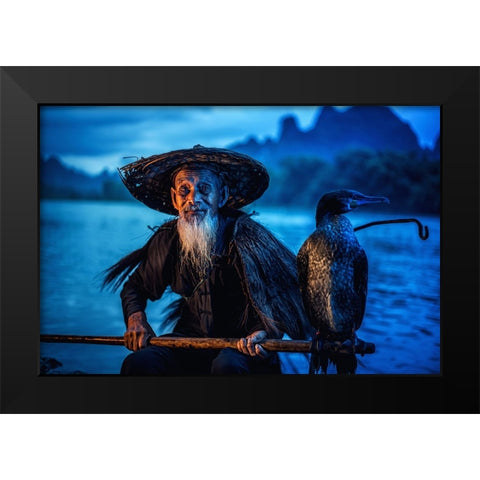 Cormorant Fisherman Black Modern Wood Framed Art Print by Whanset, Chanwit
