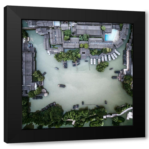 Millennium Ancient Town Black Modern Wood Framed Art Print with Double Matting by Chengzhou, Zhou