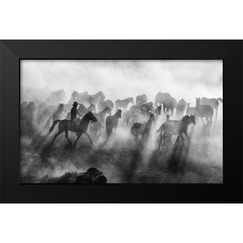 Wild Horses Black Modern Wood Framed Art Print by Bedir, Mehmet