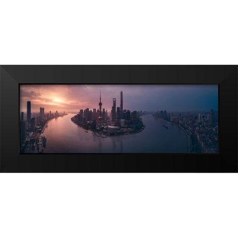 Flying Shanghai Black Modern Wood Framed Art Print by De La, Javier