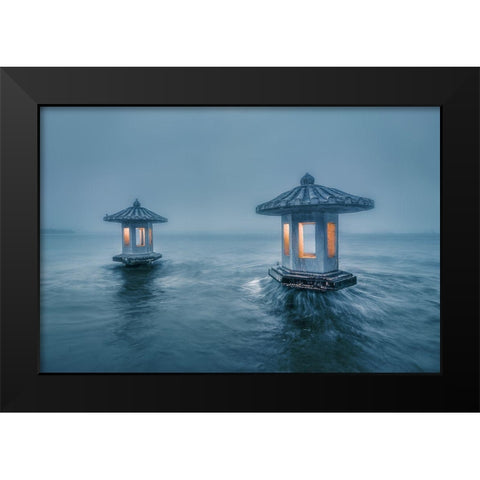 Chuiguang Pavilion Black Modern Wood Framed Art Print by Liwulei
