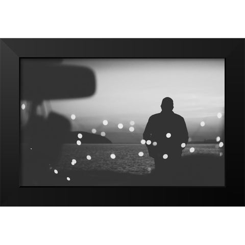 Silhouette Traveler On The Background Of The Water In Evening Black Modern Wood Framed Art Print by Sumarokov, Aleksandr