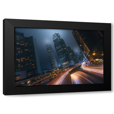 Driving Hong Kong Black Modern Wood Framed Art Print by De La, Javier