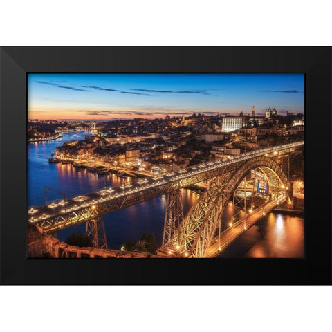 Portugal - Porto Blue Hour Black Modern Wood Framed Art Print by Claude Castor, Jean