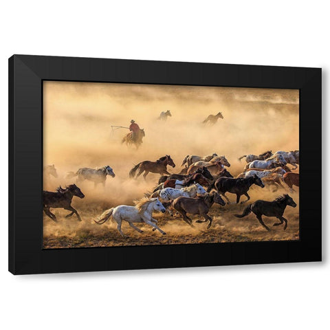 Horse Run Black Modern Wood Framed Art Print by Wong, Adam