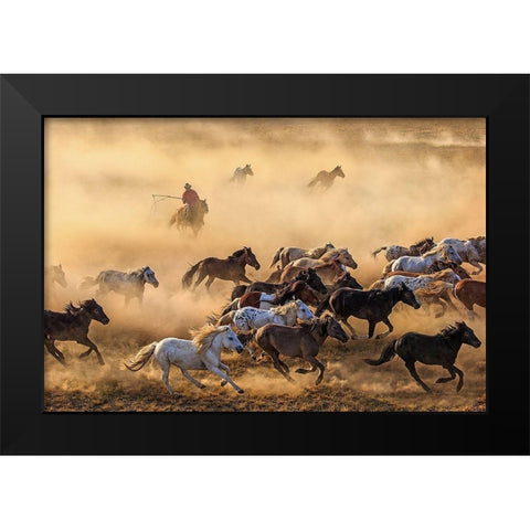 Horse Run Black Modern Wood Framed Art Print by Wong, Adam