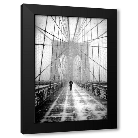 New York Walker in Blizzard - Brooklyn Bridge Black Modern Wood Framed Art Print by Froyda, Martin