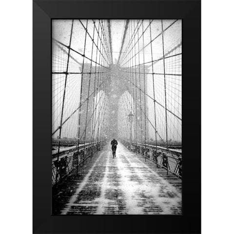 New York Walker in Blizzard - Brooklyn Bridge Black Modern Wood Framed Art Print by Froyda, Martin