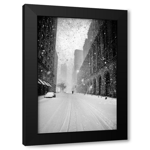 New York Walker In Blizzard Black Modern Wood Framed Art Print by Froyda, Martin