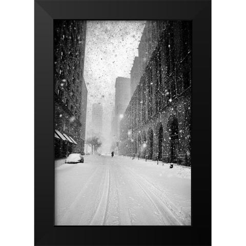New York Walker In Blizzard Black Modern Wood Framed Art Print by Froyda, Martin