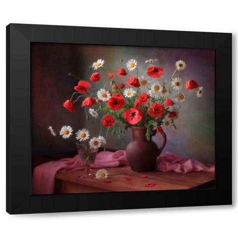 Still Life With A Bouquet Of Poppies And Chamomile Black Modern Wood Framed Art Print with Double Matting by Skorokhod, Tatyana