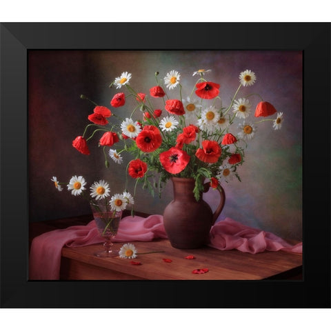 Still Life With A Bouquet Of Poppies And Chamomile Black Modern Wood Framed Art Print by Skorokhod, Tatyana