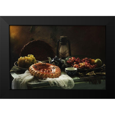 Stilllife  With Cake And Grapes Black Modern Wood Framed Art Print by Ustinagreen