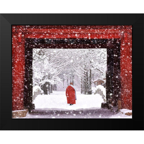 Monk In Snowy Day Black Modern Wood Framed Art Print by Namkoong, Bongok