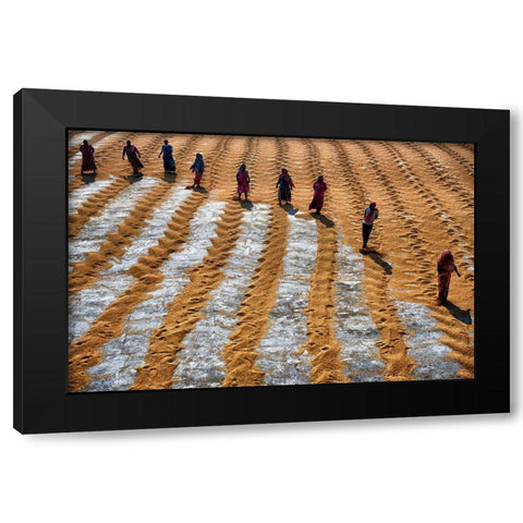 People At Work Black Modern Wood Framed Art Print by Das, Avishek