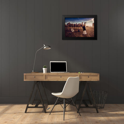 Boys With Camles Black Modern Wood Framed Art Print by Nid