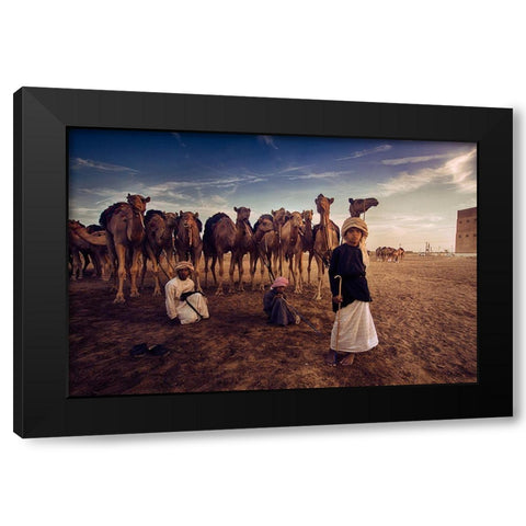 Boys With Camles Black Modern Wood Framed Art Print with Double Matting by Nid