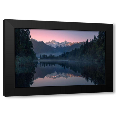 Lake Matheson Black Modern Wood Framed Art Print with Double Matting by Zhu, Jingshu