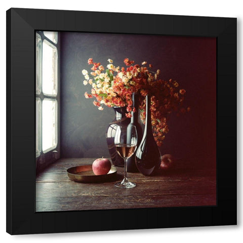 Still Life With Wine And An Apple Black Modern Wood Framed Art Print by Laercio, Luiz