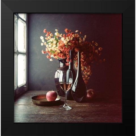 Still Life With Wine And An Apple Black Modern Wood Framed Art Print by Laercio, Luiz