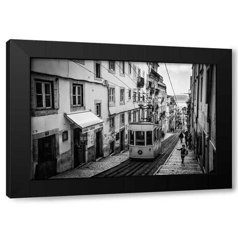 Tram In Lisbon Black Modern Wood Framed Art Print by Urrutia, Adolfo