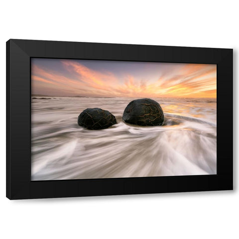 Moeraki Boulders Black Modern Wood Framed Art Print with Double Matting by Zhu, Jingshu