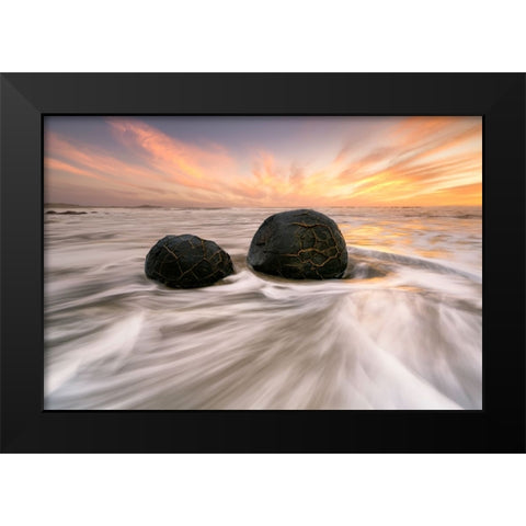 Moeraki Boulders Black Modern Wood Framed Art Print by Zhu, Jingshu